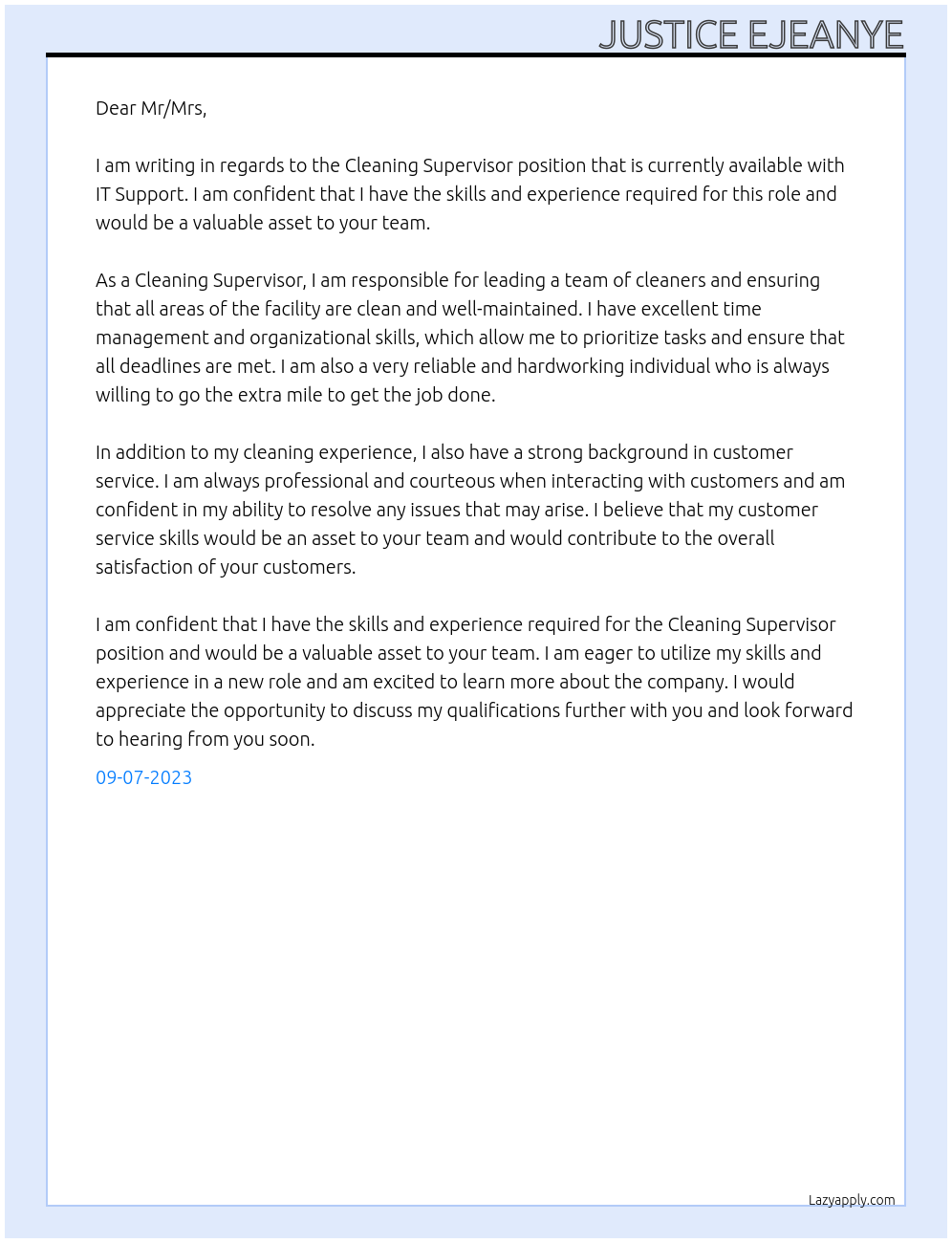 Cleaning Supervisor At IT Support Cover Letter