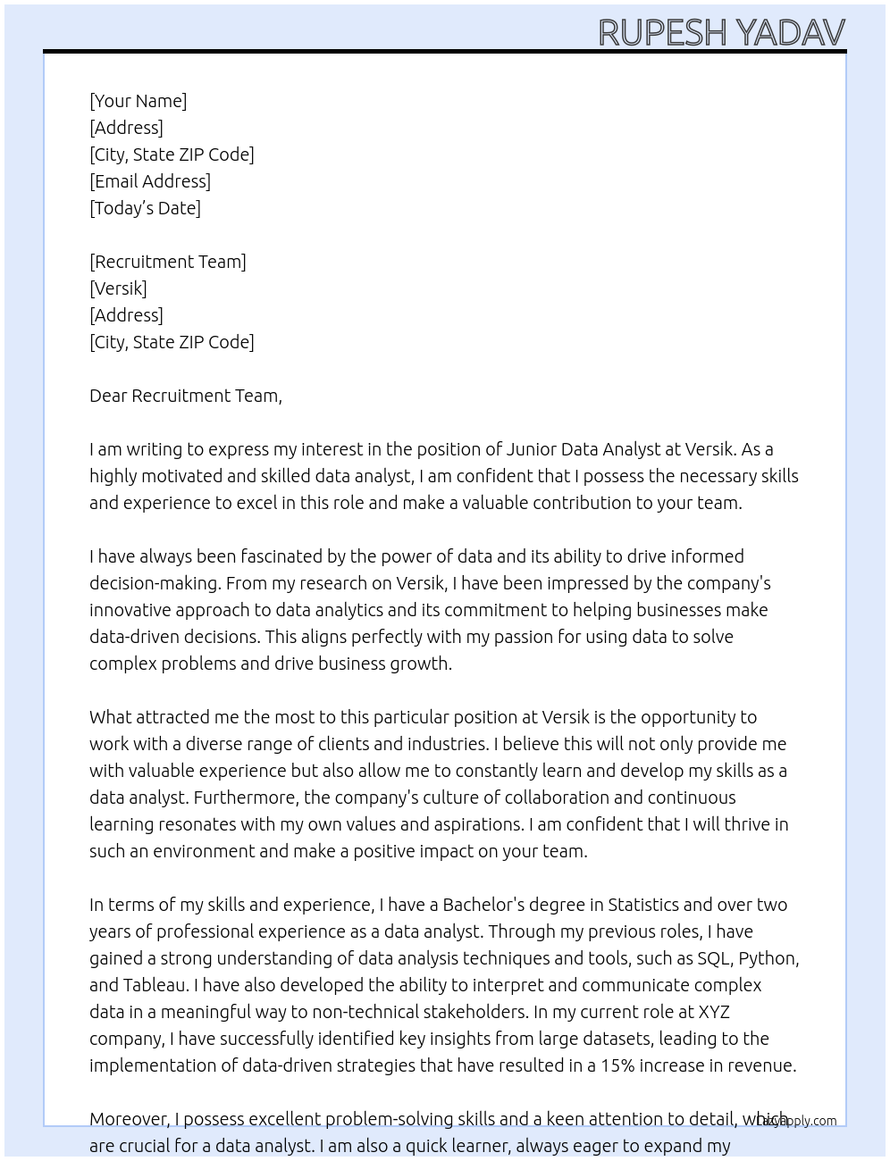 Junior data analyst At versik Cover Letter