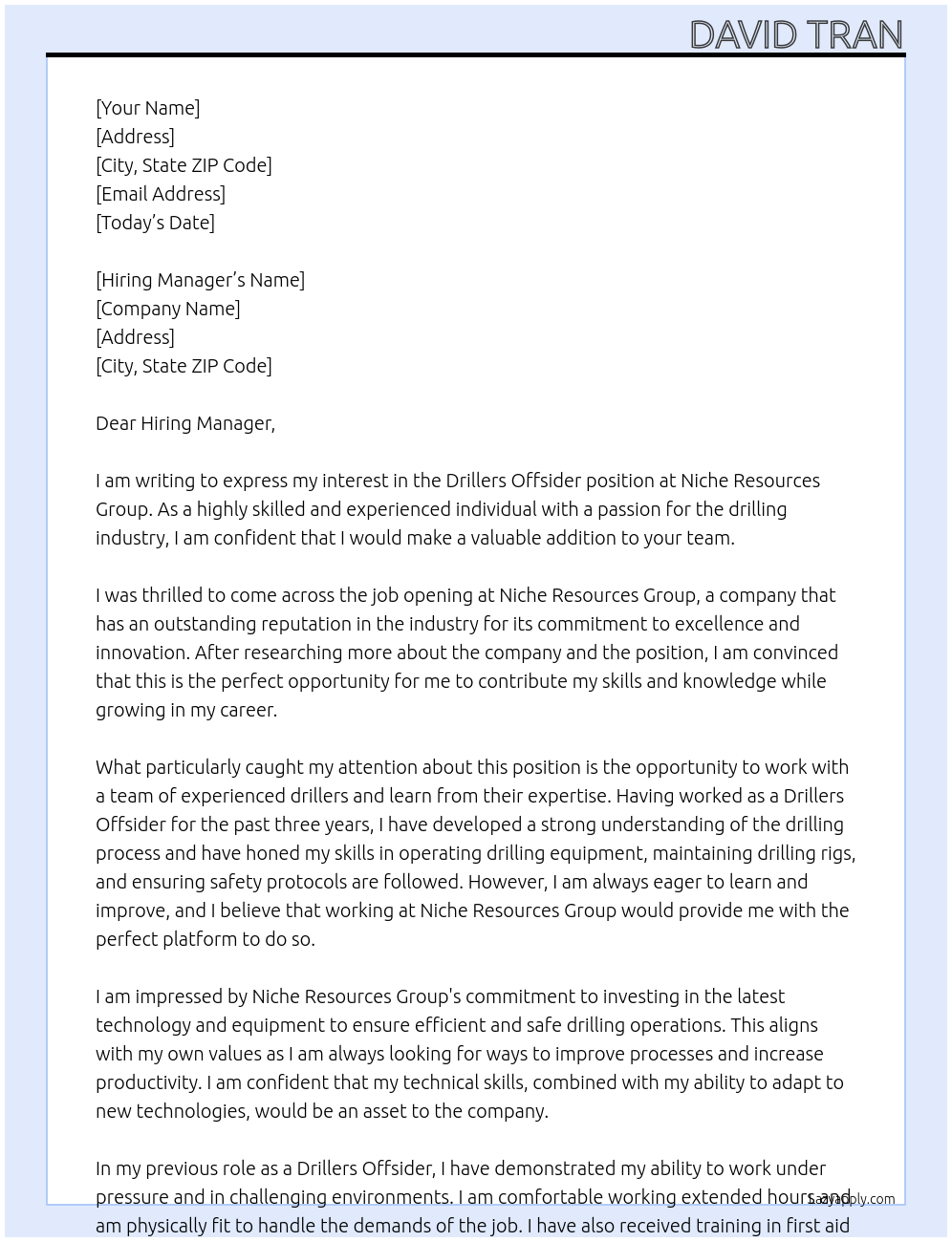 Drillers Offsider At Niche Resources Group Cover Letter