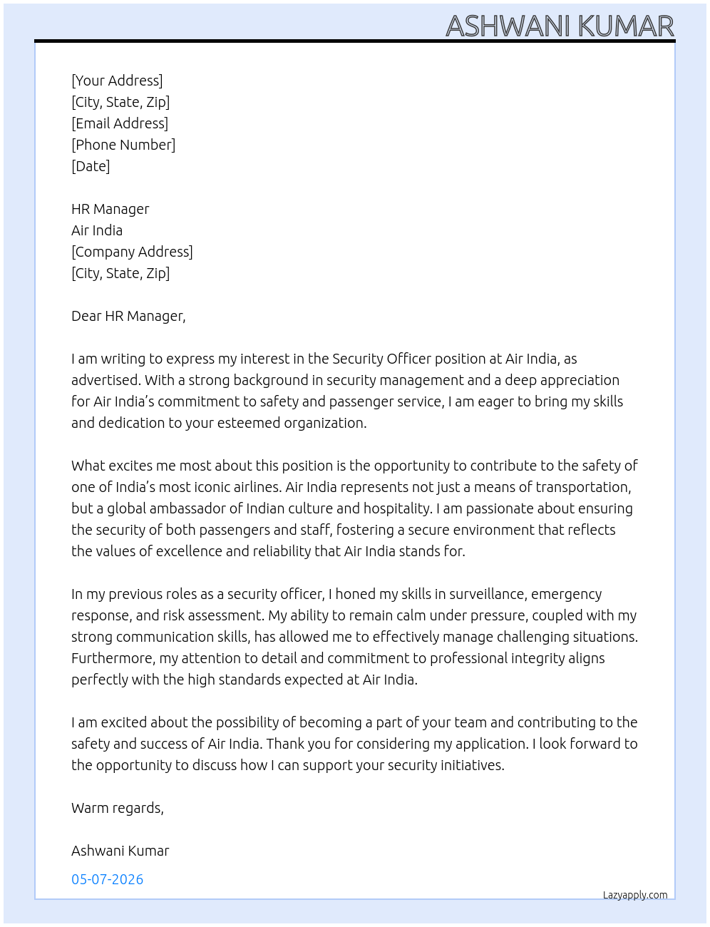 Security Officer At Air India Cover Letter