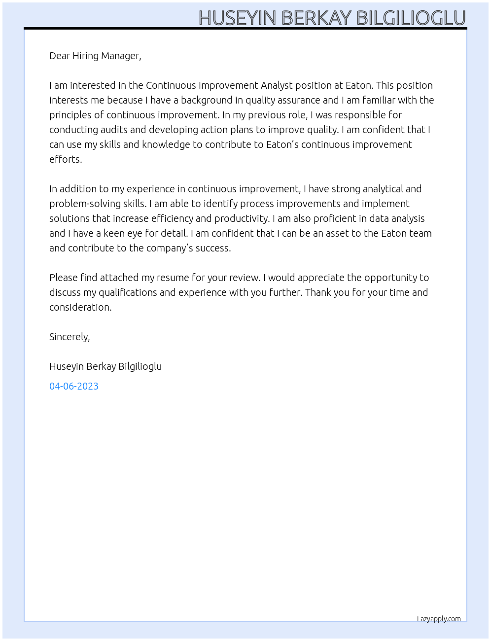 Continuous Improvement Analyst At Eaton Cover Letter