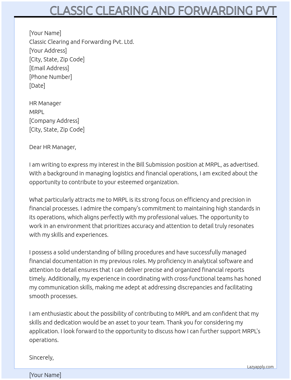 Cover letter for bill submission - LazyApply