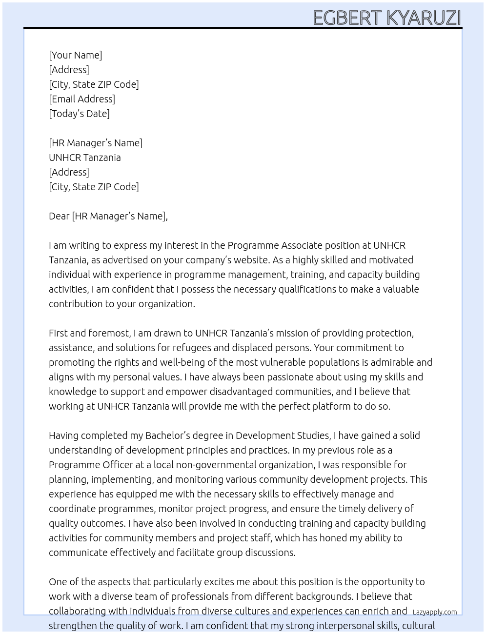 Programme Associate At UNHCR Tanzania Cover Letter
