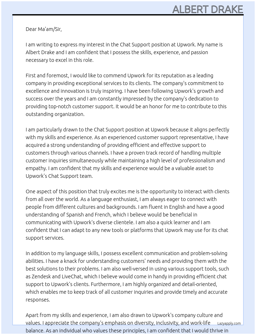 Chat support At Upwork Cover Letter