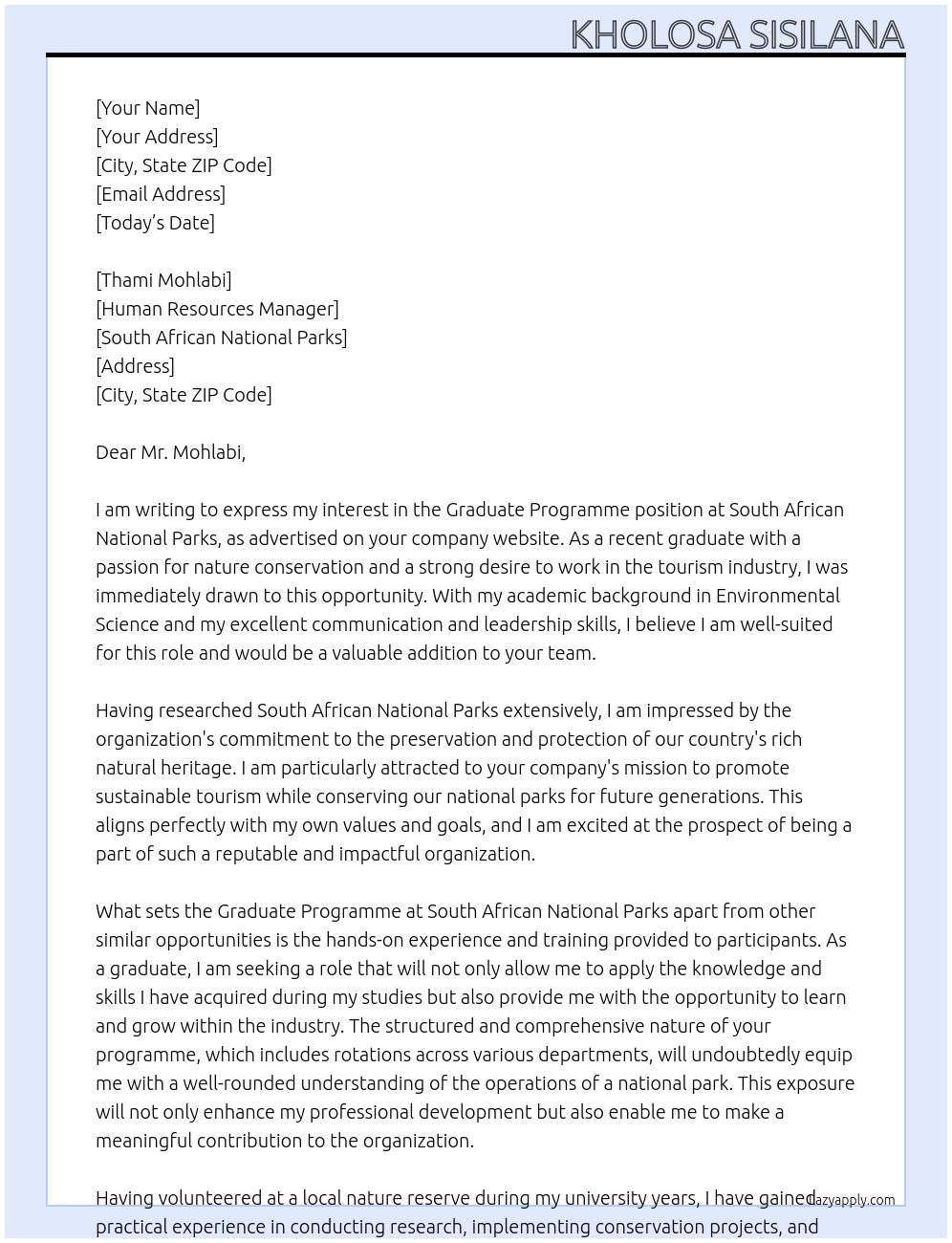 Graduate Programme At South African National parks Cover Letter