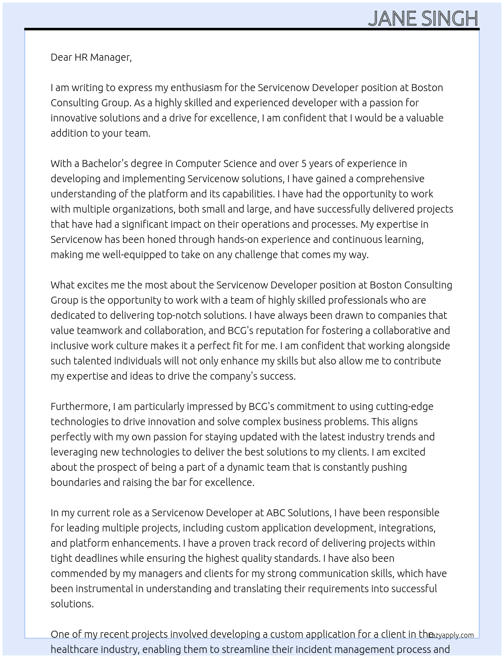 Servicenow Developer At Boston Consulting Group Cover Letter