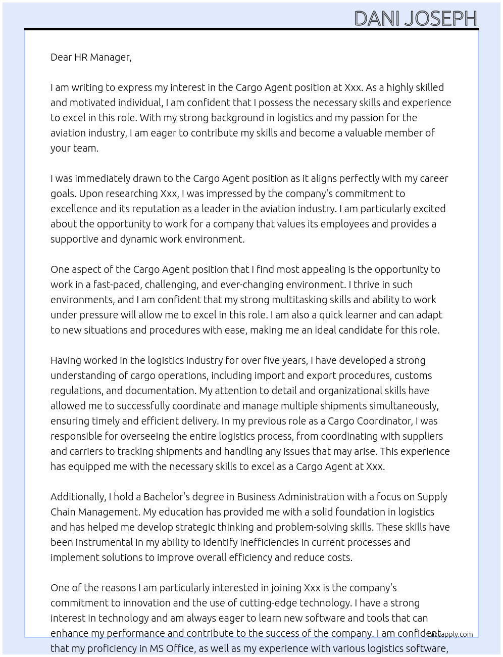 Cargo agent At Xxx Cover Letter