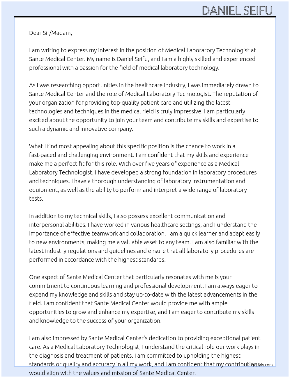 Medical Laboratory Technologist At Sante Medical Center Cover Letter