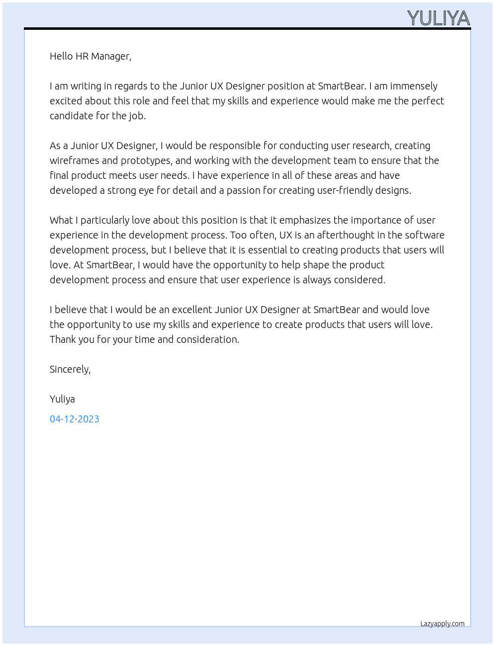 Junior UX Designer  At SmartBear Cover Letter