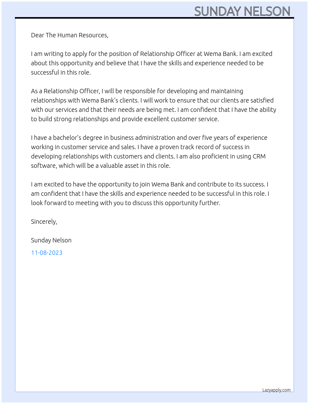 Relationship Officer  At Wema Bank  Cover Letter