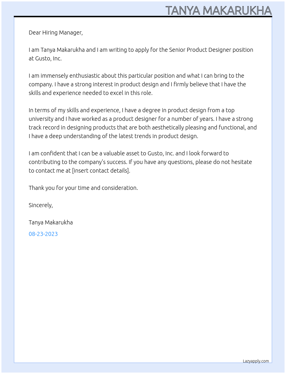 Senior Product Designer At Gusto, Inc. Cover Letter