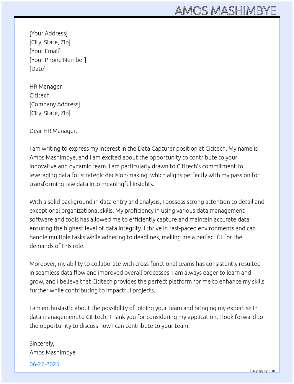 Data Capturer At Cititech Cover Letter