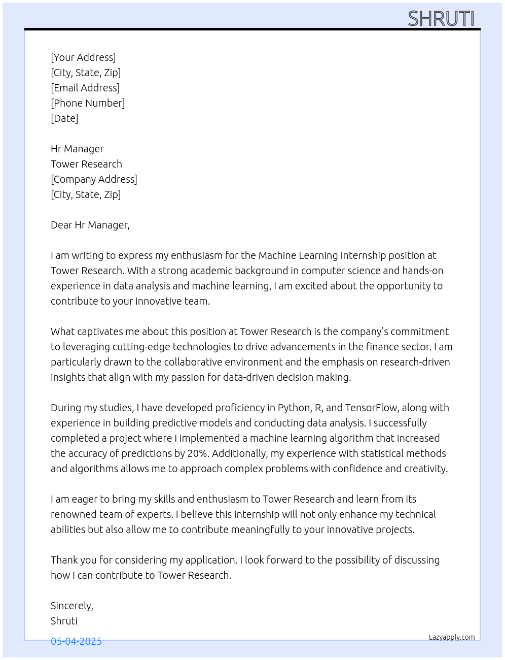 Cover letter for ml internship - LazyApply
