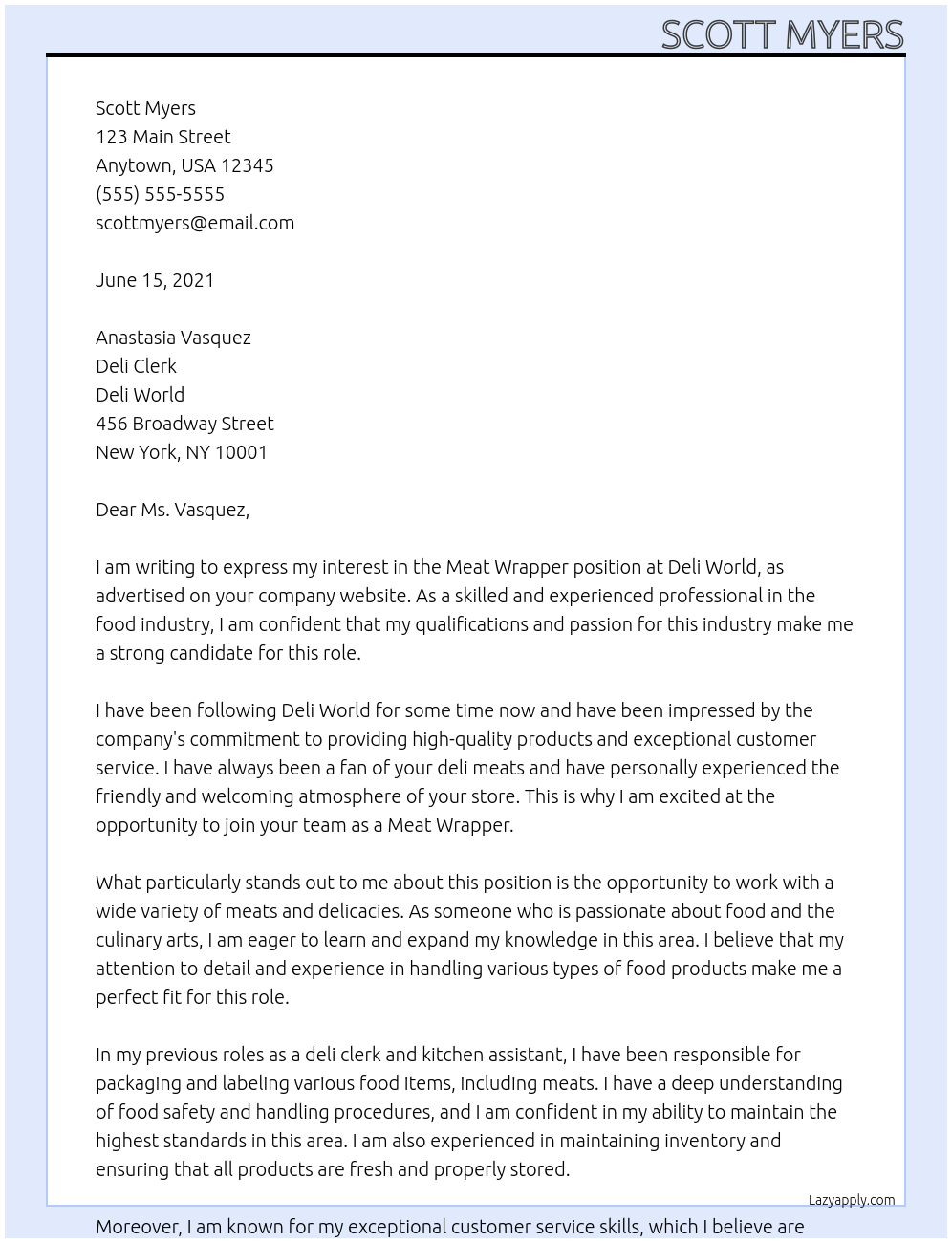 Meat wrapper At Deli Clerk Cover Letter