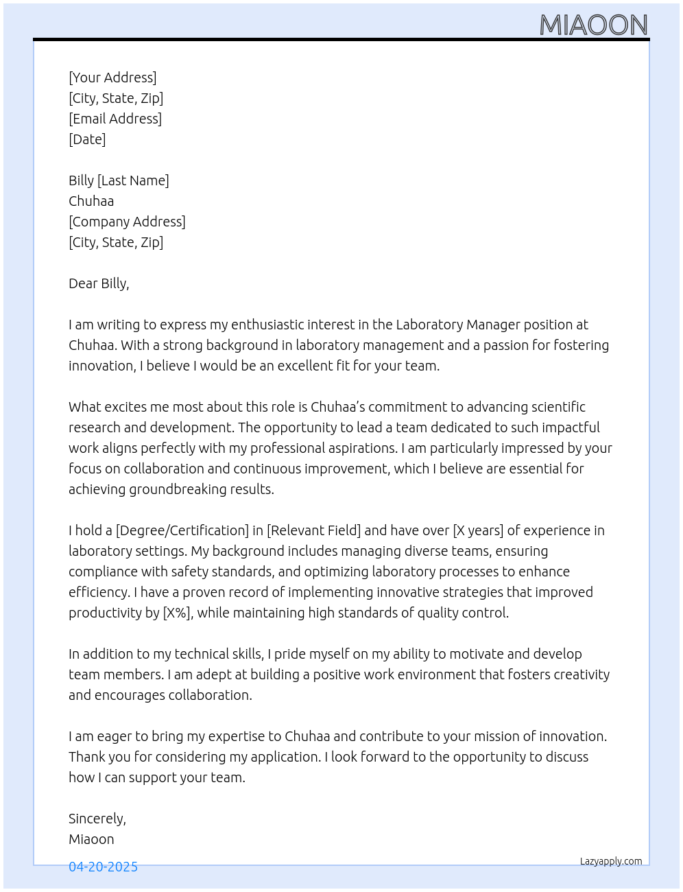 Laboratory Manager At Chuhaa Cover Letter