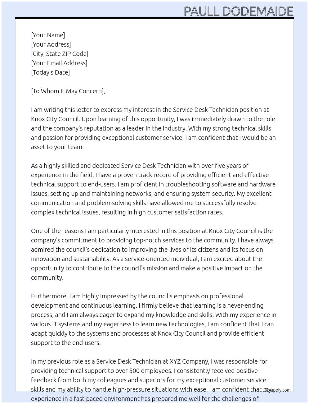 Service Desk Technician At Knox City Council Cover Letter