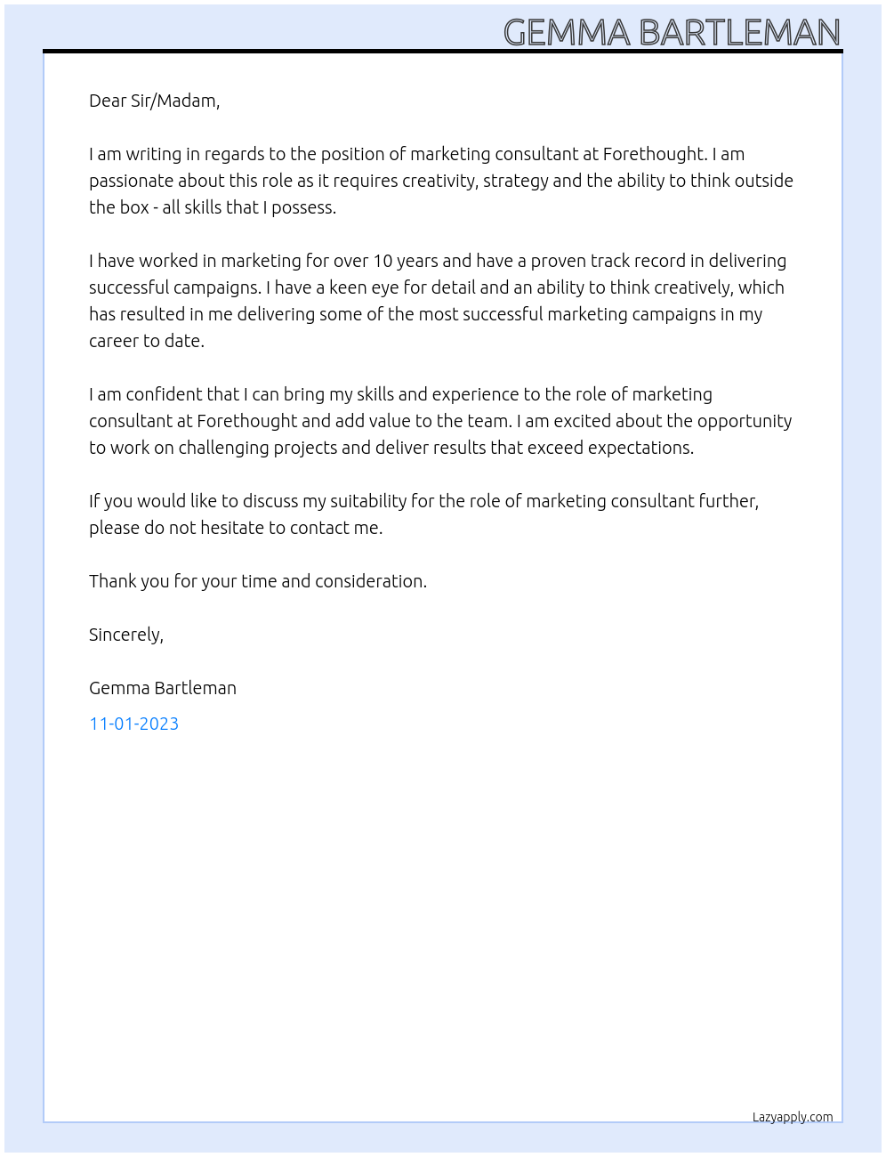 Marketing Consultant At Forethought Cover Letter