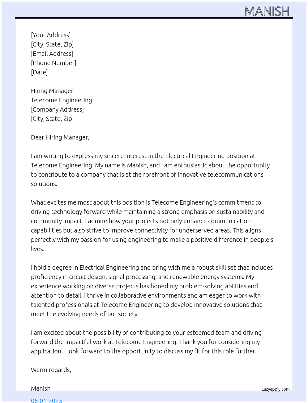 Electrical engineering At Telecome Engineering Cover Letter