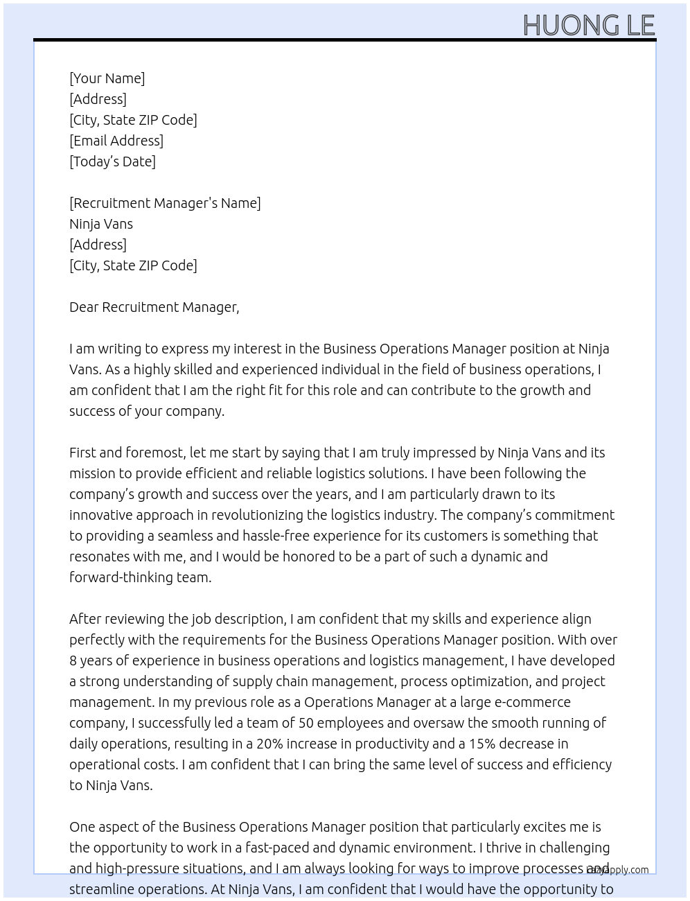 Business Operations Manager At Ninja Vans Cover Letter