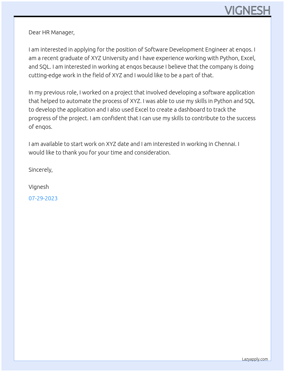 Software Development Engineer At enqos Cover Letter