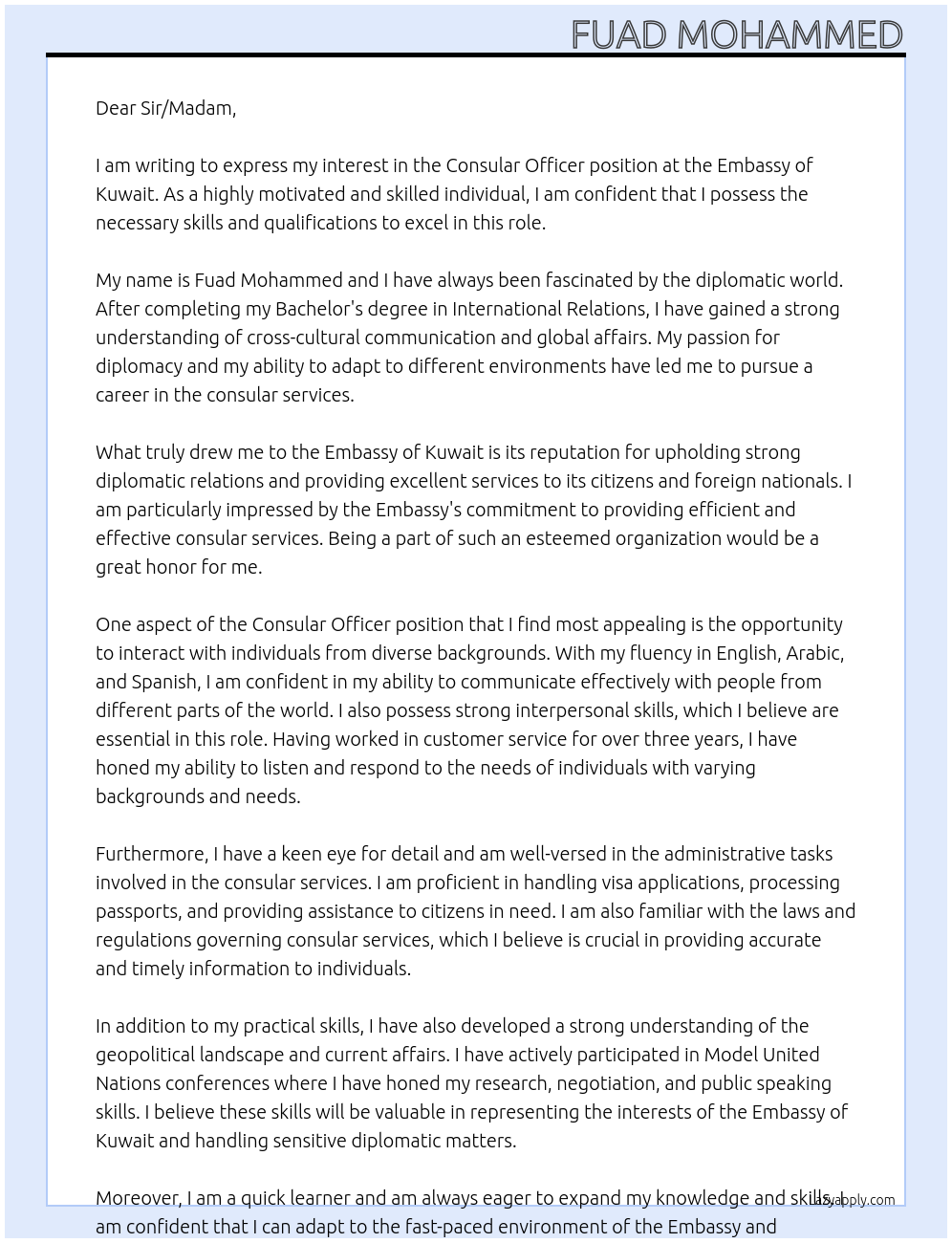 Consular Officer At Embassy of Kuwait Cover Letter