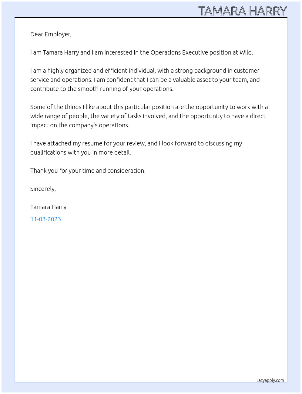 Operations Executive At Wild Cover Letter