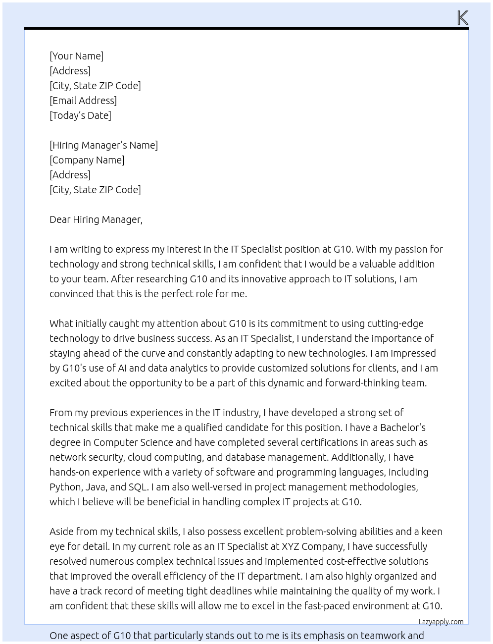 IT Specialist At G10 Cover Letter