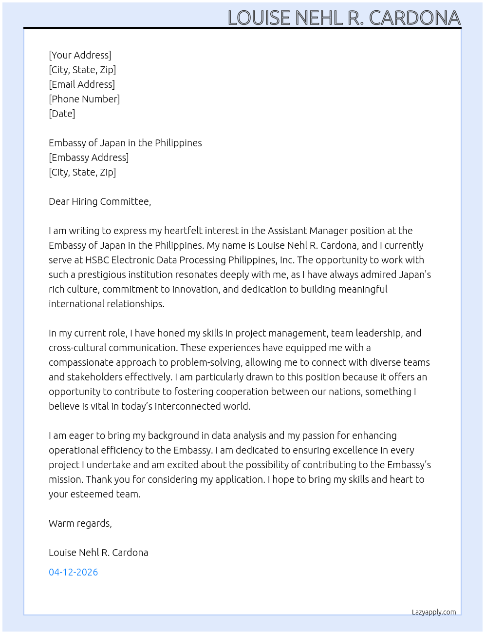 Assistant Manager At HSBC Electronic Data Processing Philippines, Inc Cover Letter