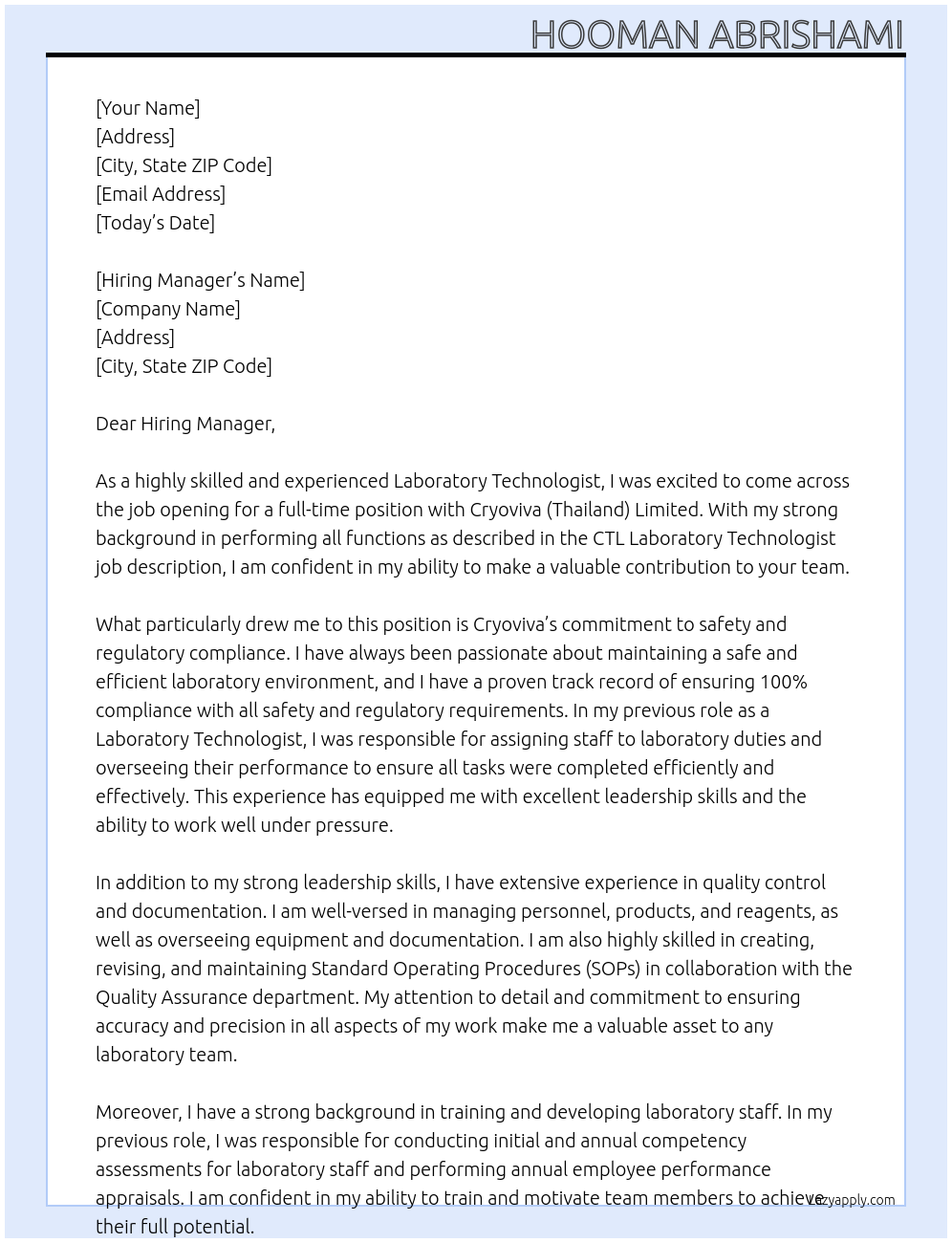 Laboratory technologist  At Cryoviva (Thailand) Limited Cover Letter