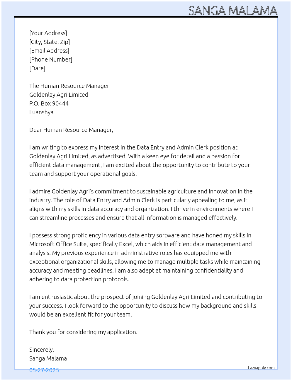 Cover letter for data entry and admin clerk - LazyApply