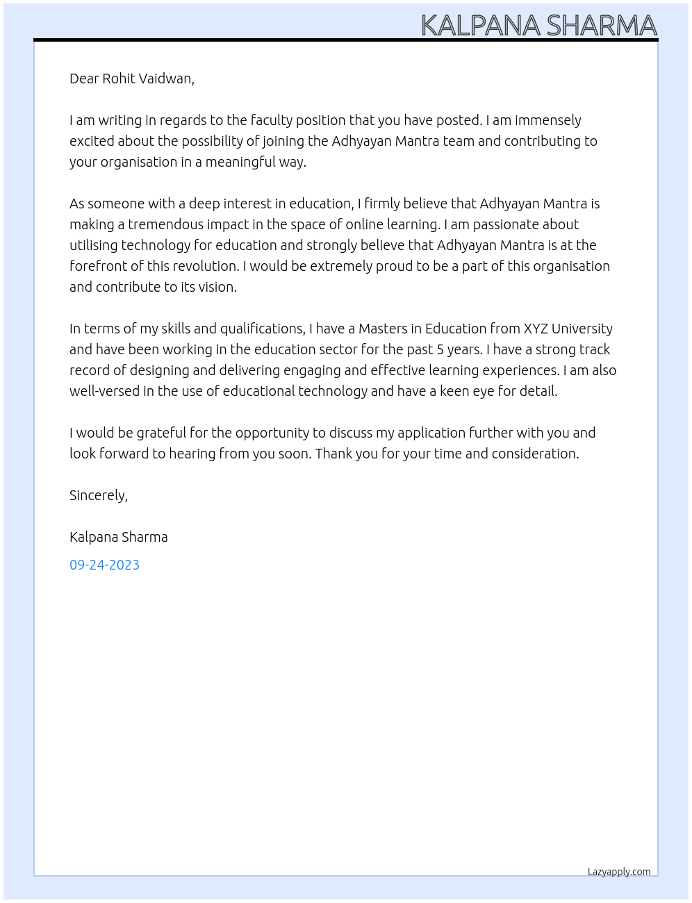 Faculty At ADHYAYAN MANTRA Cover Letter