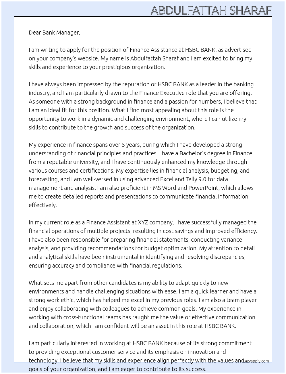 finance assistance At HSBC BANK Cover Letter