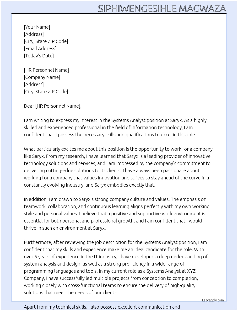 systems analyst At Saryx Cover Letter