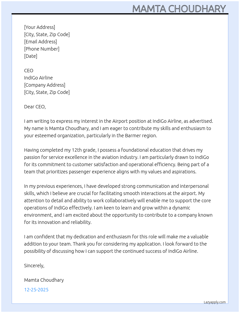 AIRPORT At INDIGO AIRLINE Cover Letter