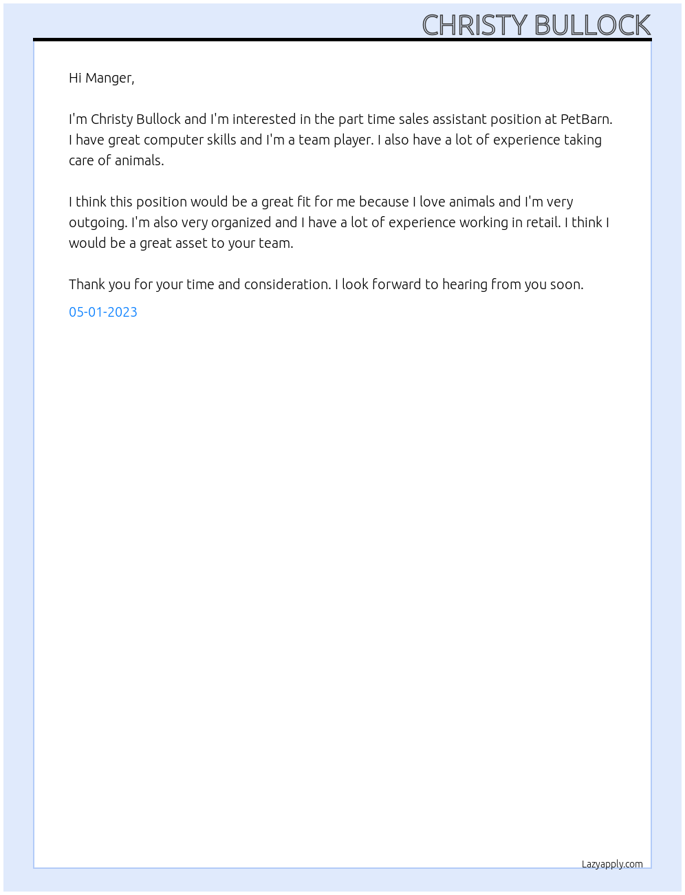 Part Time Sales Assistant At PetBarn Cover Letter