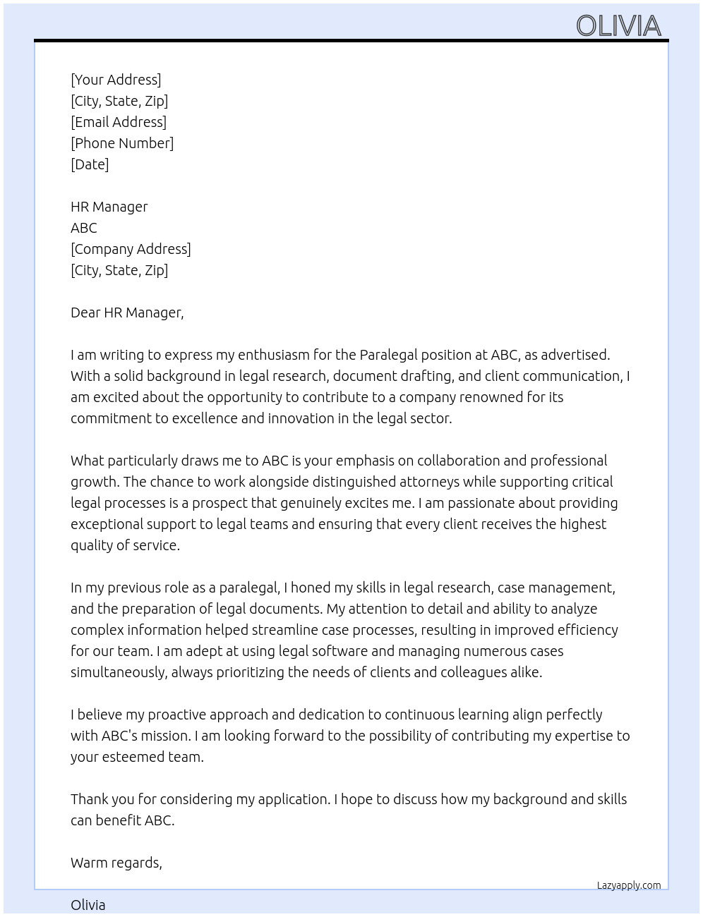 Paralegal  At ABC Cover Letter