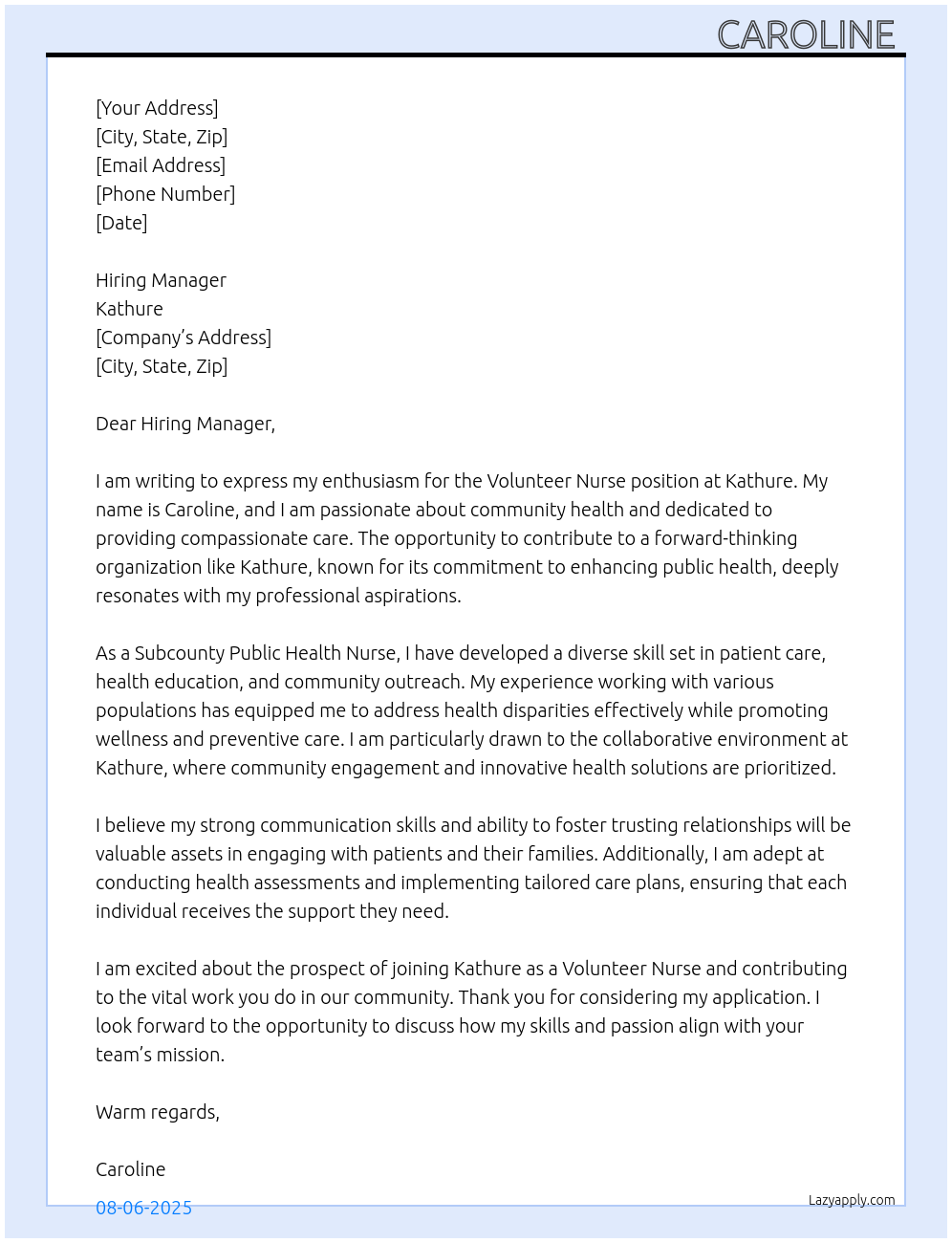 volunteer nurse At kathure Cover Letter