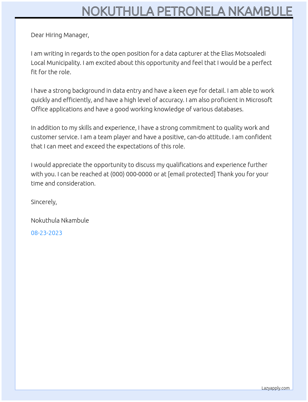 data capturer At elias motsoaledi local municipality Cover Letter