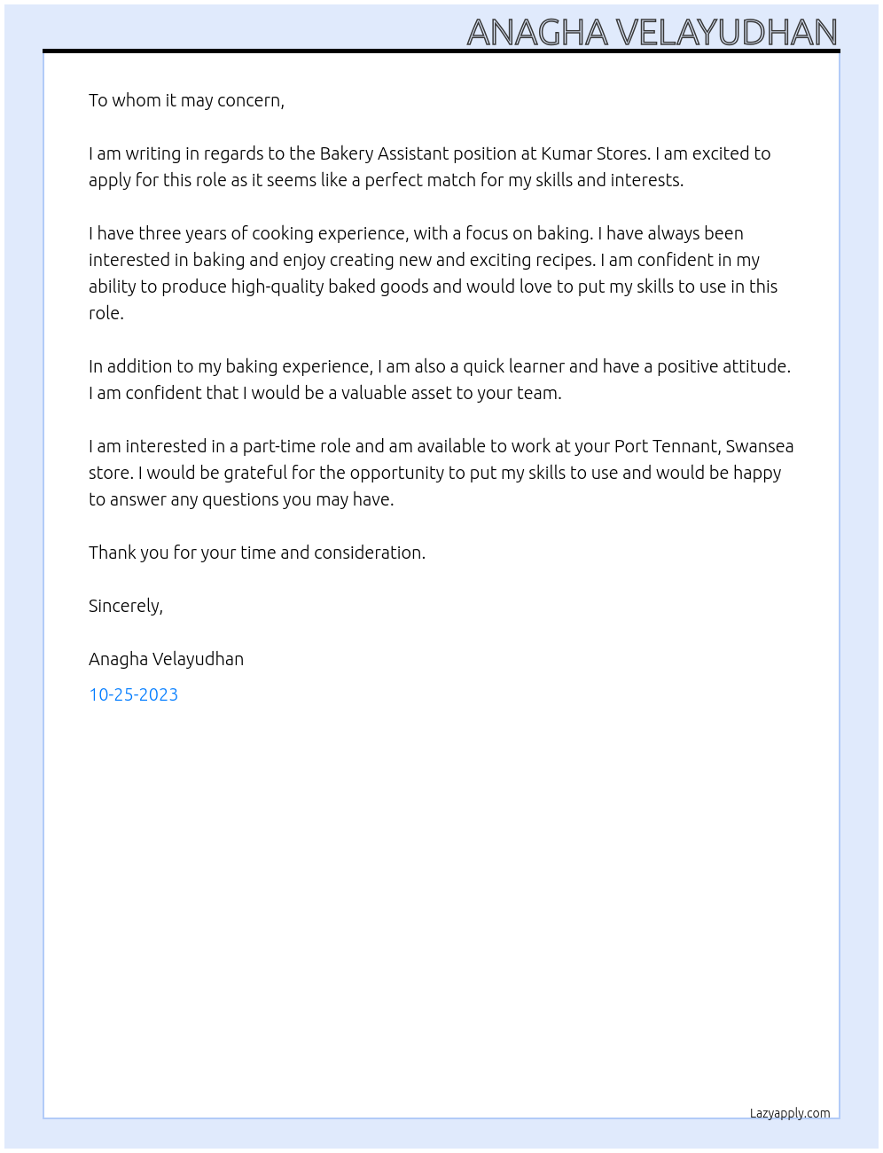 Bakery assistant At Kumar Stores Cover Letter