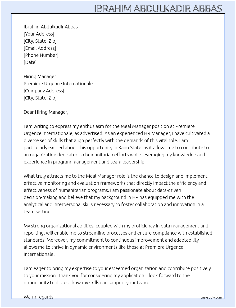 Meal Manager  At Premiere Urgence Internationale  Cover Letter