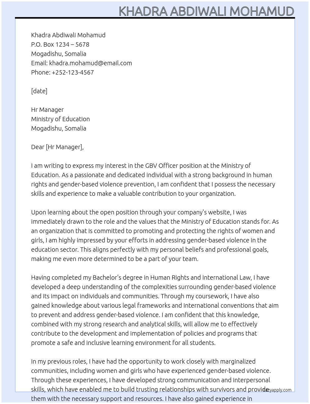 GBV officer At Ministery of Education  Cover Letter