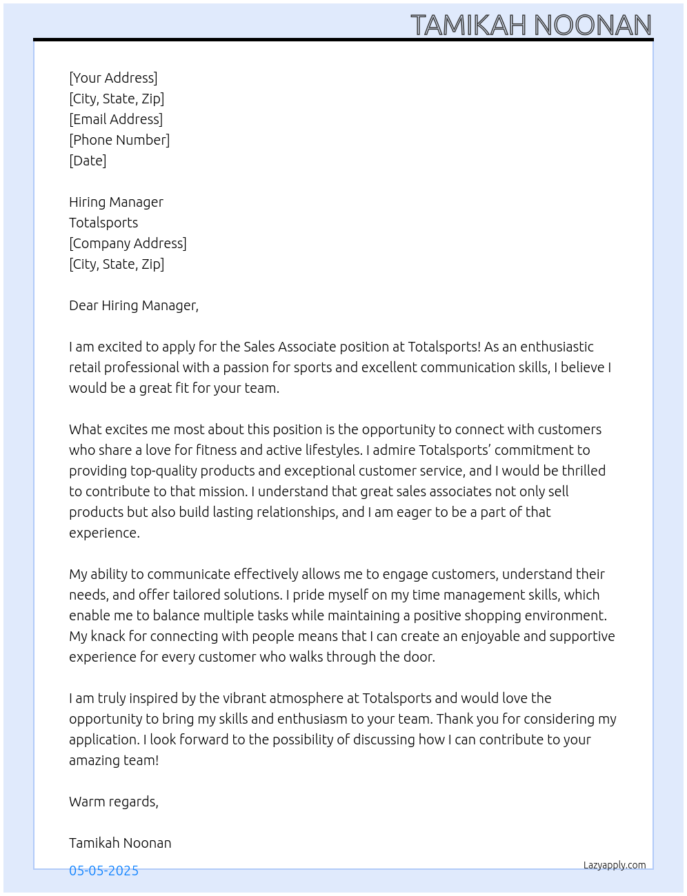 Sales Associate At Totalsports Cover Letter
