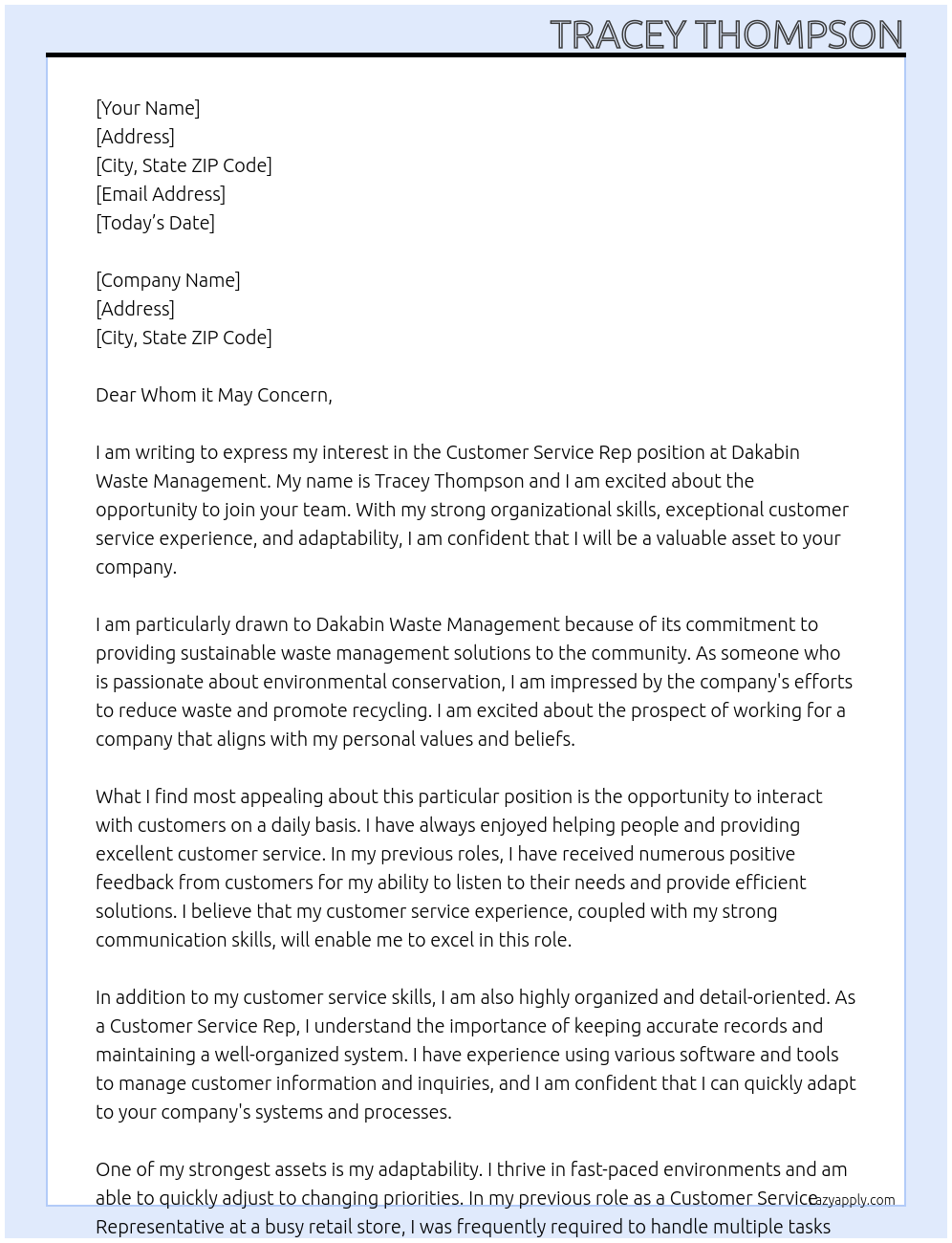 Customer Service Rep At Dakabin Waste Management Cover Letter