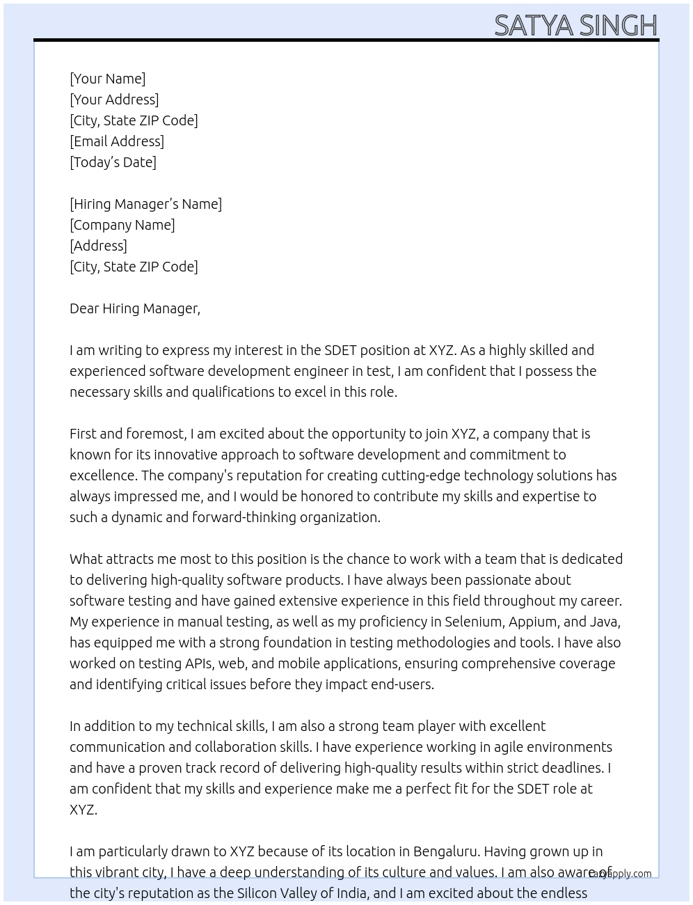 sdet At xyz Cover Letter
