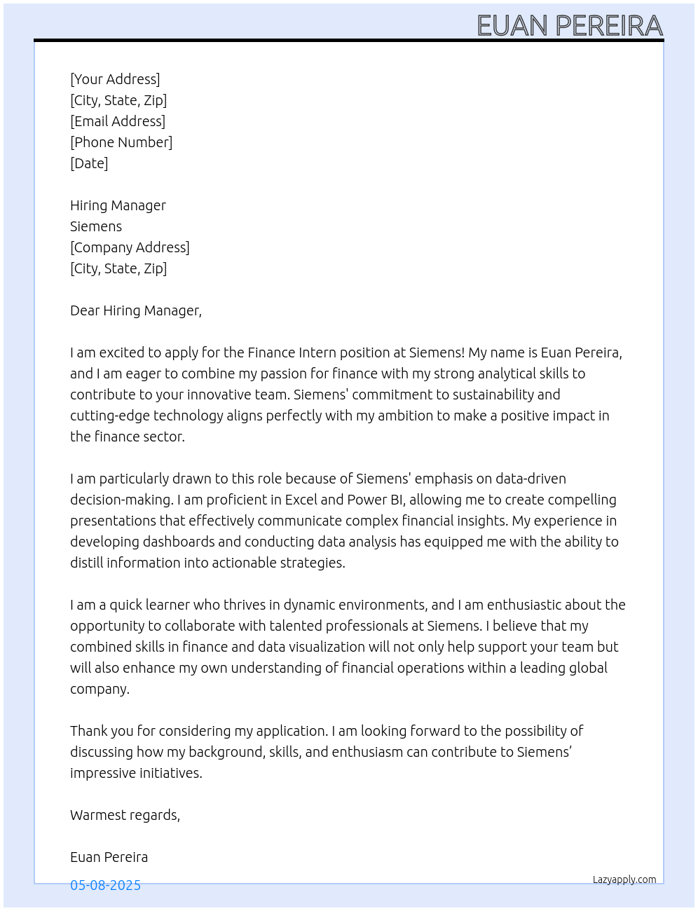 Finance Intern At Siemens Cover Letter