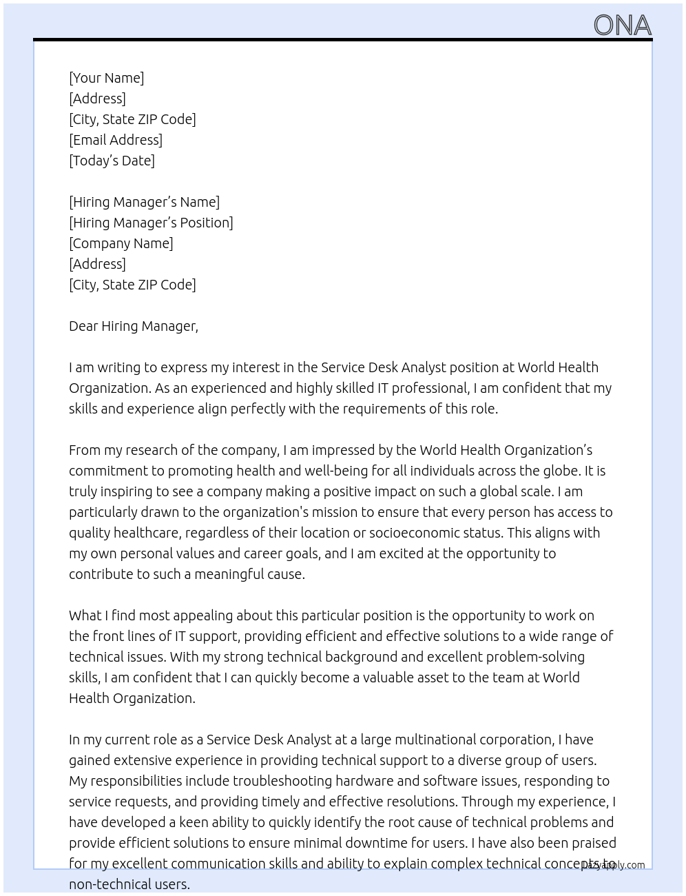 Service Desk Analyst At World Health Organization Cover Letter