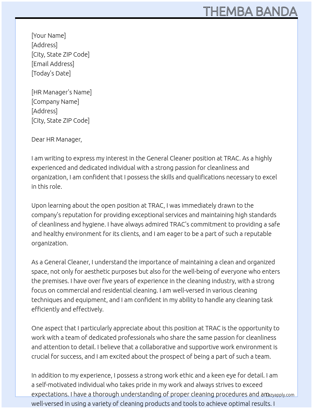 General cleaner  At TRAC  Cover Letter