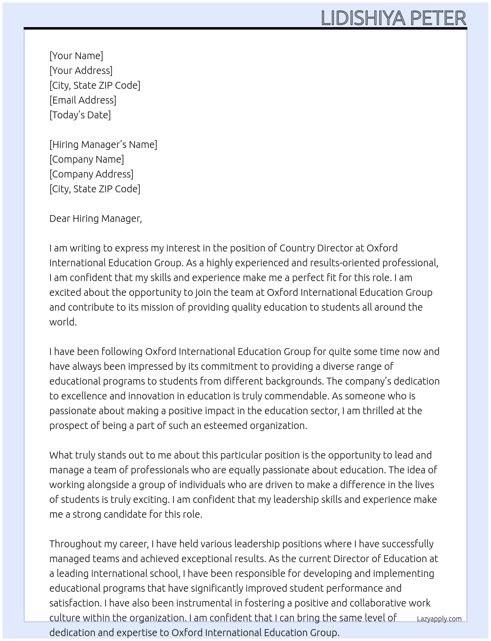 Country Director At Oxford International Education Group Cover Letter