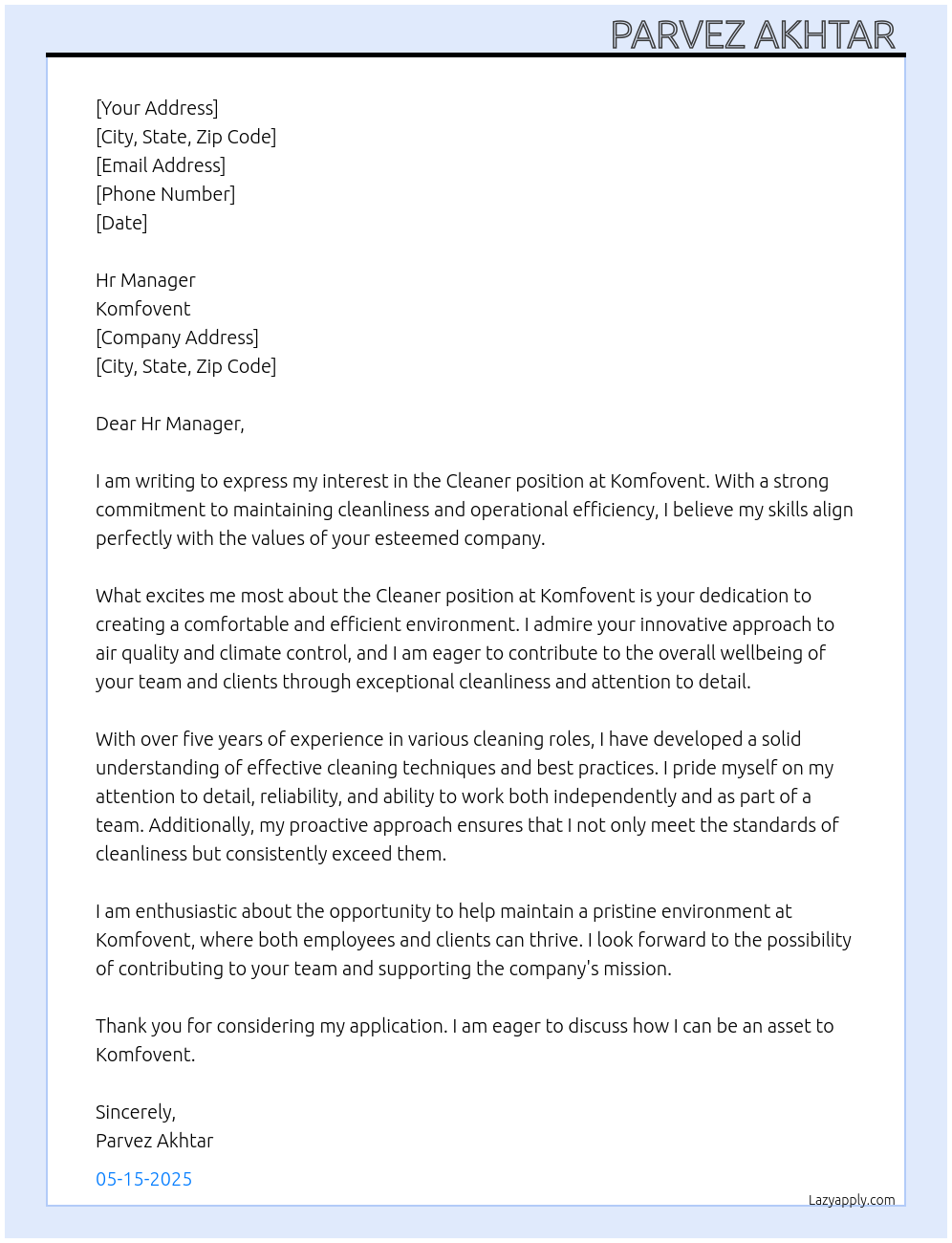 Cleaner  At Komfovent  Cover Letter