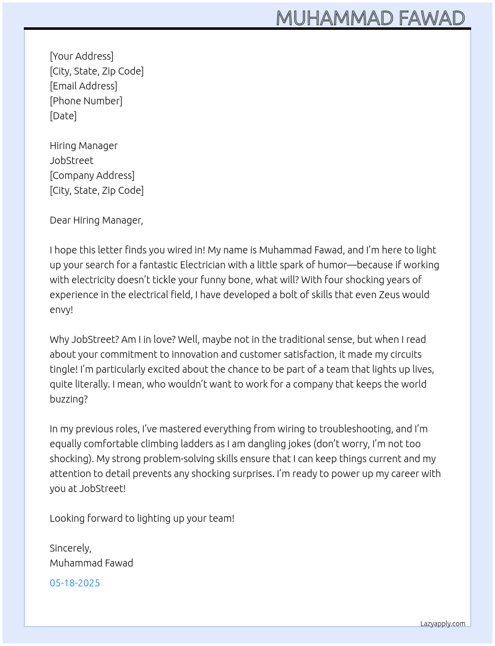 Electrician At JobStreet Cover Letter